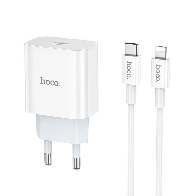 Мережевий зарядний пристрій HOCO NT10 TYPE-C PD 20W + кабель TYPE-C - LIGHTNING, БІЛИЙ