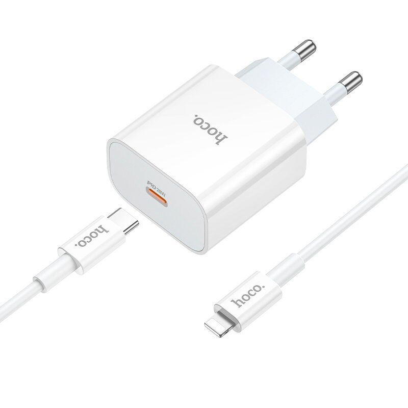 Мережевий зарядний пристрій HOCO NT10 TYPE-C PD 20W + кабель TYPE-C - LIGHTNING, БІЛИЙ