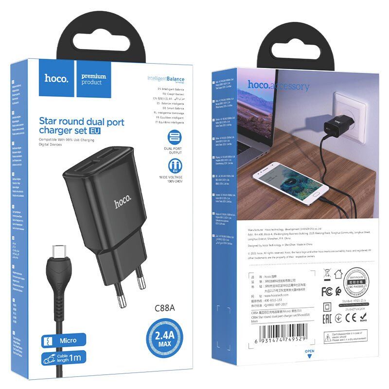 СЗУ HOCO C88A (2USB/2.4A) + microUSB (12pc) (черный)