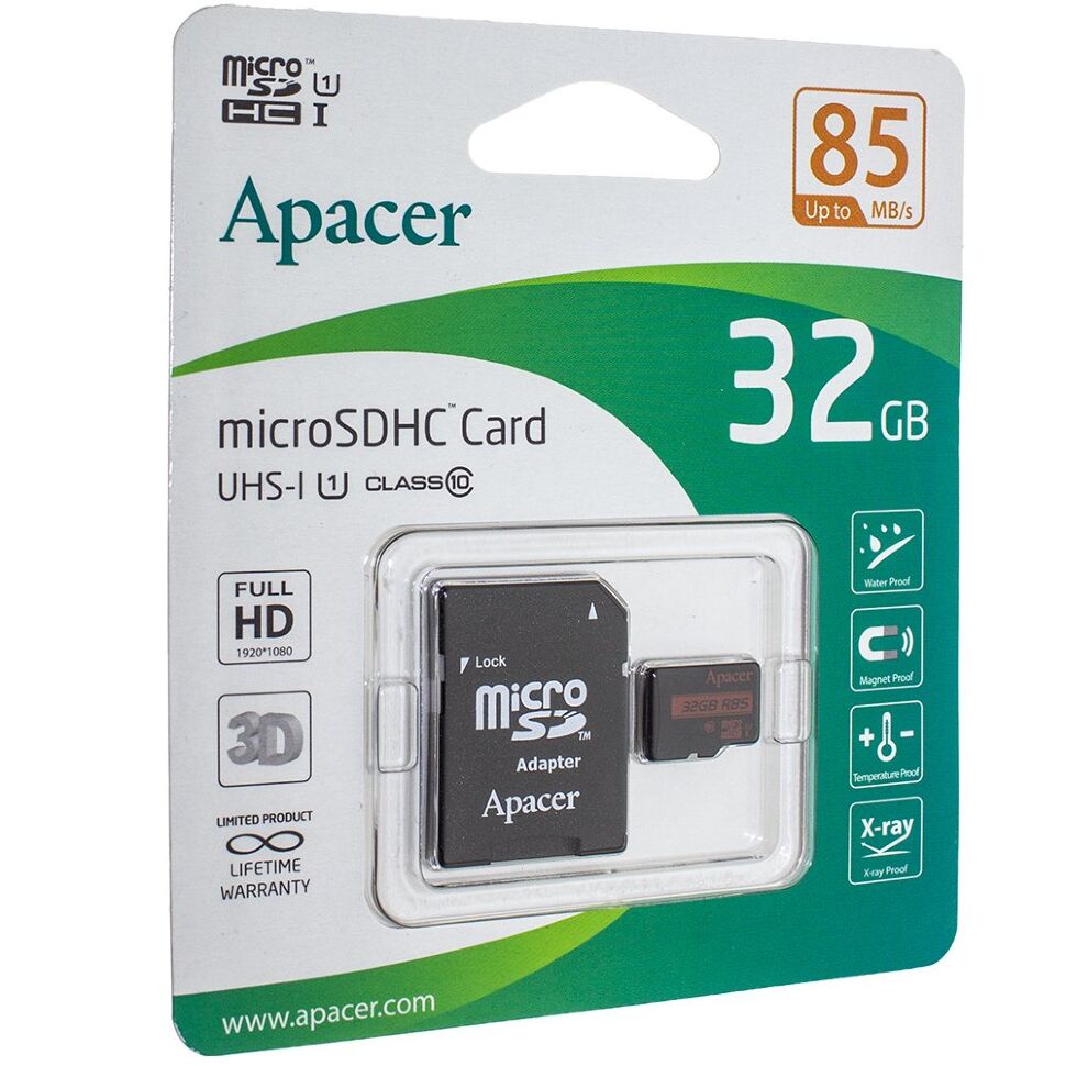 microSDHC (UHS-1) Apacer 32Gb class 10 R85MB/s (adapter SD)
