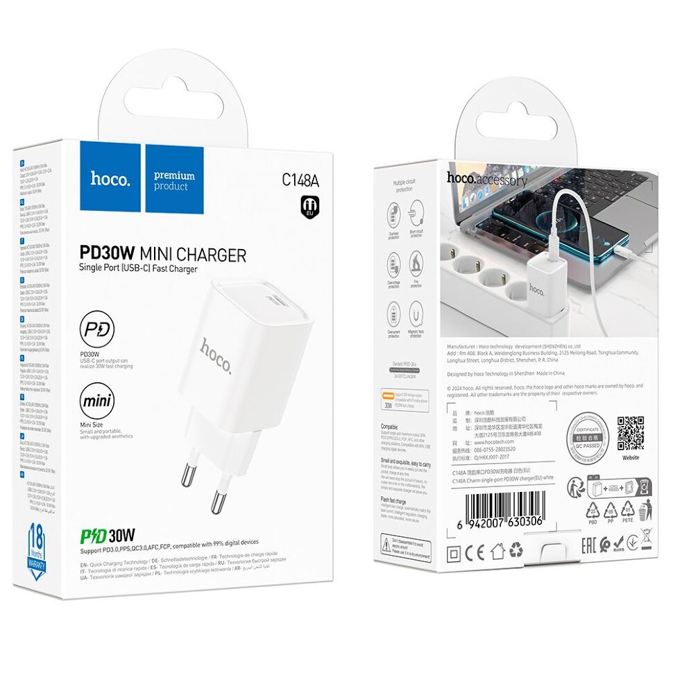 Мережевий зарядний пристрій HOCO C148A TYPE-C PD 30W, БІЛИЙ