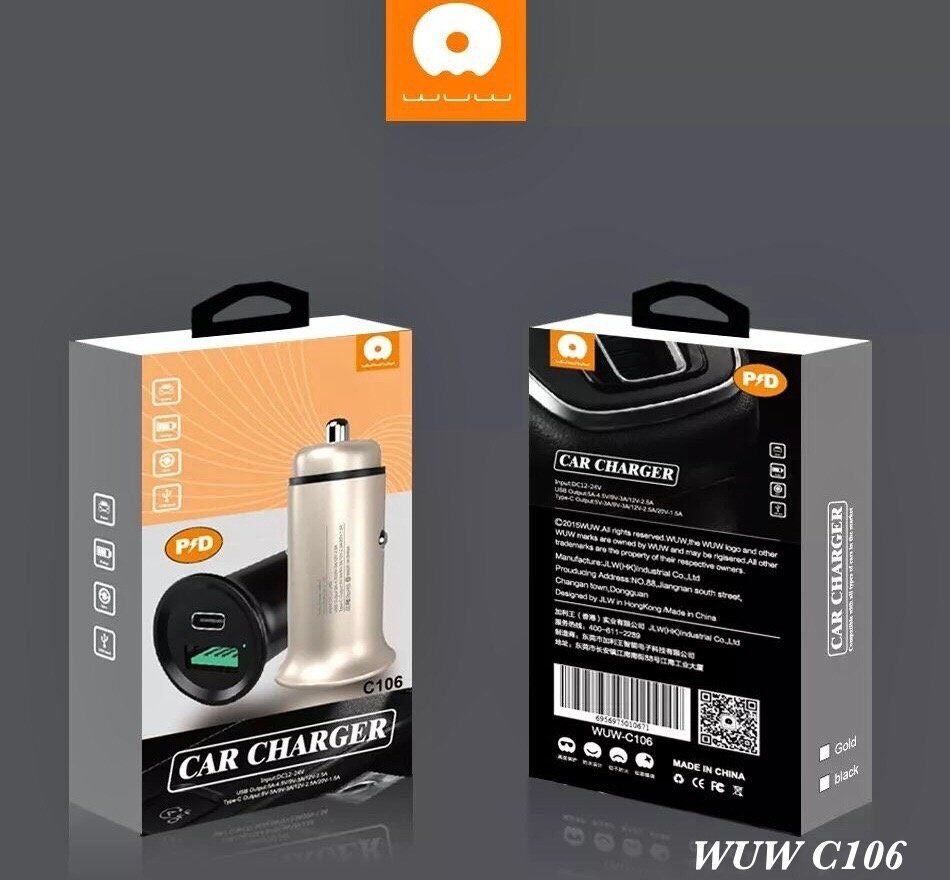 Автомобільний зарядний пристрій WUW C106 USB + TYPE-C PD золотий Автомобільний зарядний пристрій WUW C106 USB + TYPE-C PD золотий