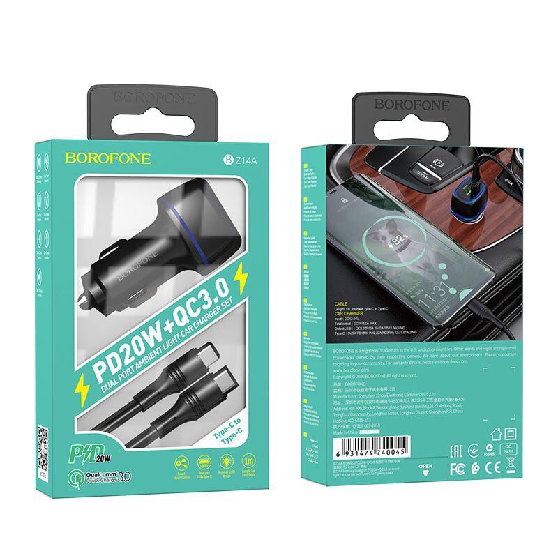 Автомобільний зарядний пристрій BOROFONE BZ14A Mercury dual port PD20W+QC3.0 ambient light + USB TYPE-C на TYPE-C