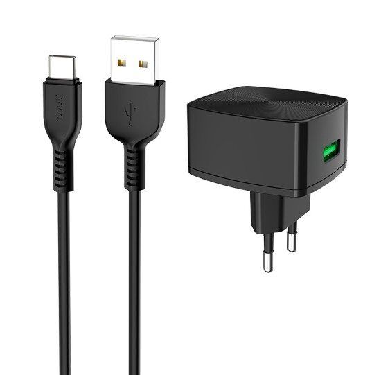 Мережевий зарядний пристрій HOCO C70A QC3.0 USB + КАБЕЛЬ USB - Type-C ЧОРНИЙ