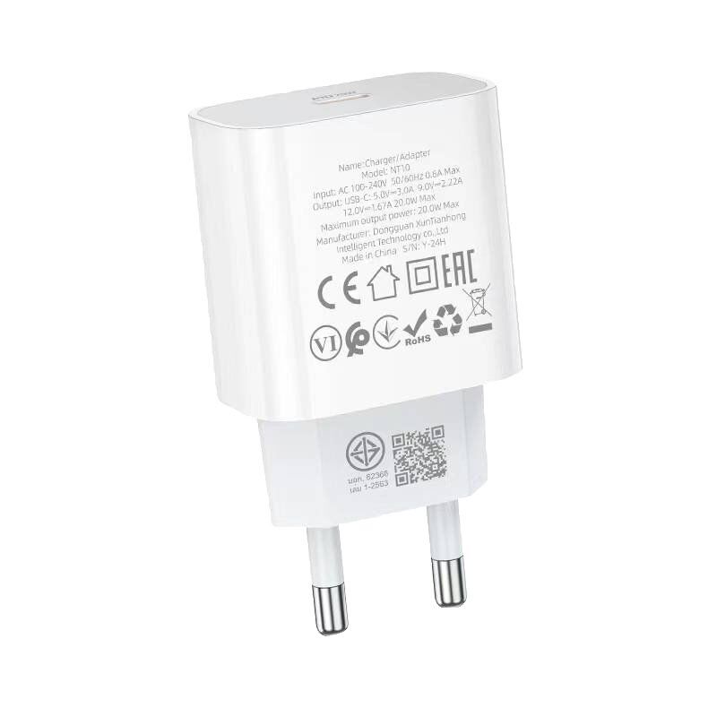 Мережевий зарядний пристрій HOCO NT10 TYPE-C PD 20W, БІЛИЙ