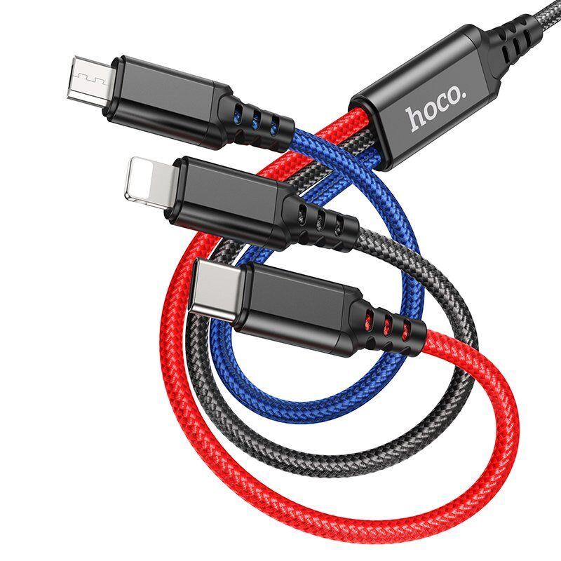 USB КАБЕЛЬ HOCO X76 3в1: Lightning/Micro/Type-C, black/red/blue