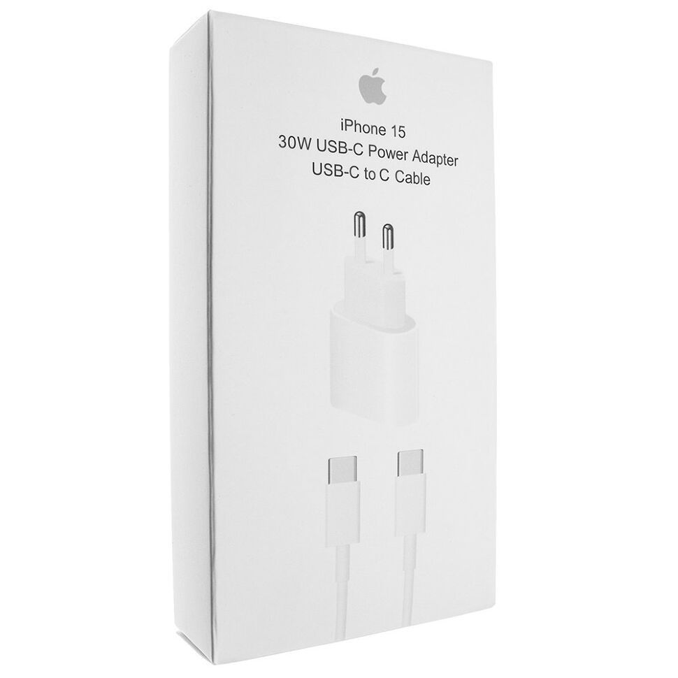 Мережевий зарядний пристрій 15 PRO MAX USB-C 30W + кабель 2 метри USB TYPE-C TO TYPE-C тканинне обплетення З ЛОГО в упаковці