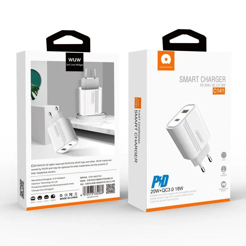 Мережевий зарядний пристрій WUW C141 TYPE-C PD 20W + USB QC3.0 18W