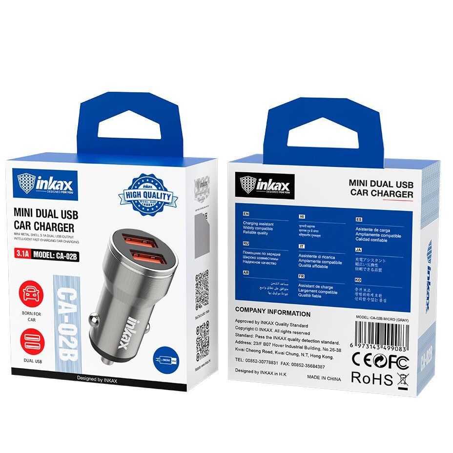 Автомобільний зарядний пристрій INKAX CA-02B 3.1A, 2 USB, кабель USB MICRO Автомобільний зарядний пристрій INKAX CA-02B 3.1A, 2 USB, кабель USB MICRO