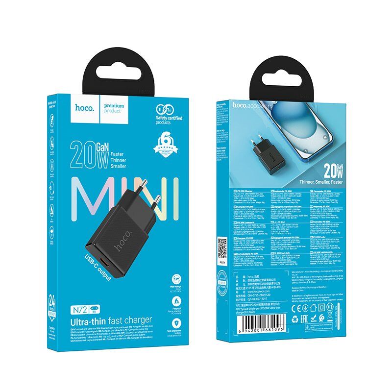 Зарядное устройство HOCO N72 20 Вт PD, один USB-C порт, чёрный Зарядное устройство HOCO N72 20 Вт PD, один USB-C порт, чёрный