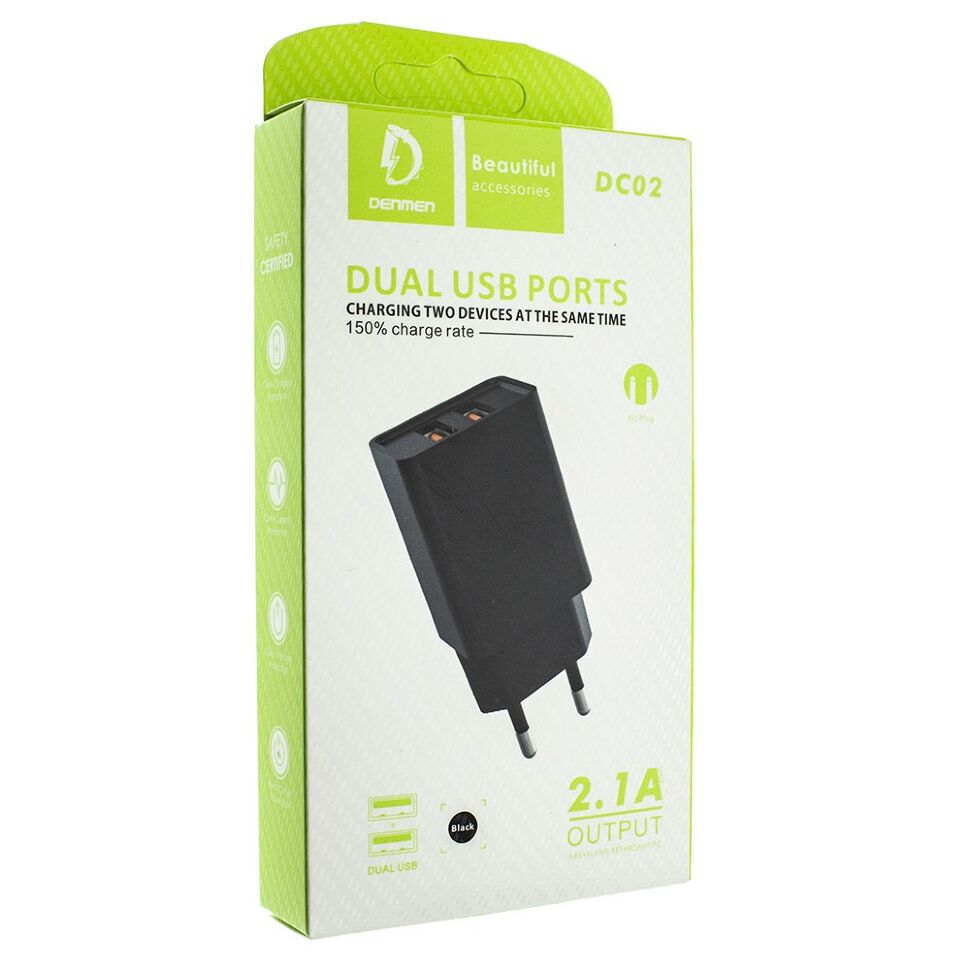 Мережевий зарядний пристрій DENMEN DC02 2.1A 2USB ЧОРНИЙ