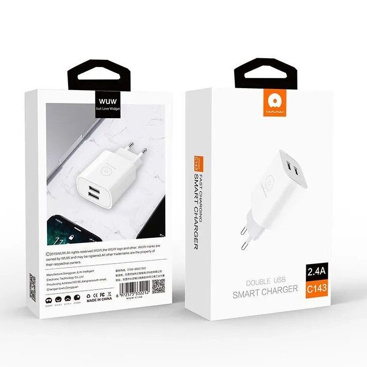 Мережевий зарядний пристрій WUW C143 2 USB 2.4A БІЛИЙ Мережевий зарядний пристрій WUW C143 2 USB 2.4A БІЛИЙ