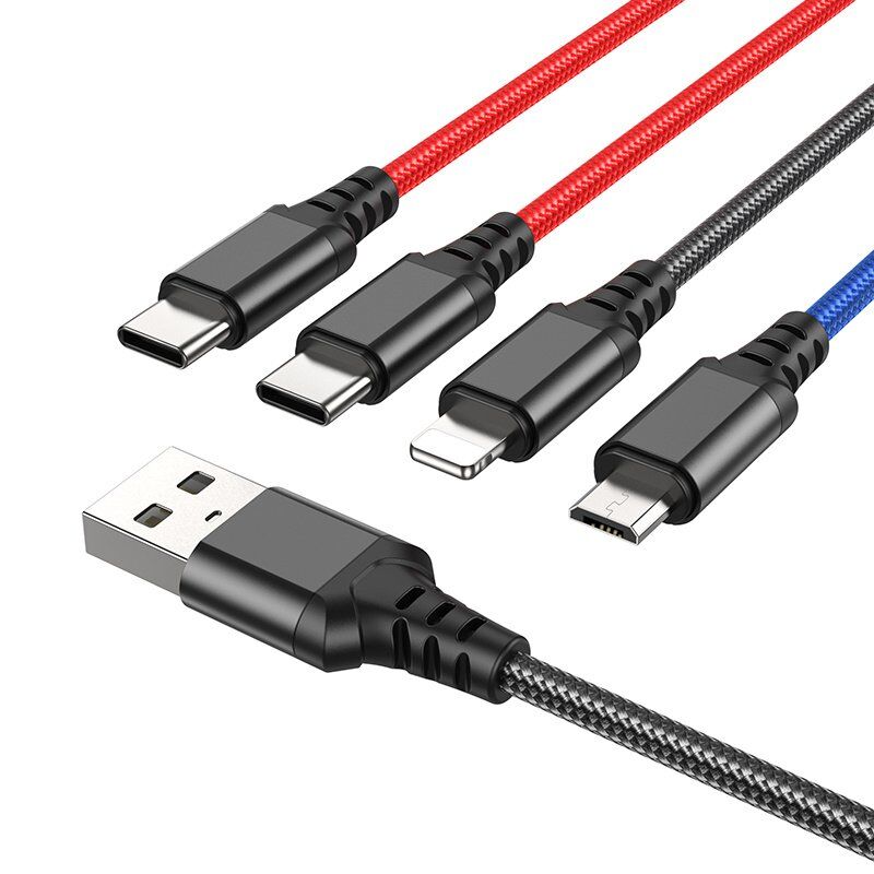 USB КАБЕЛЬ HOCO X76 4в1: Lightning/Micro/Type-C*2, black/red/blue