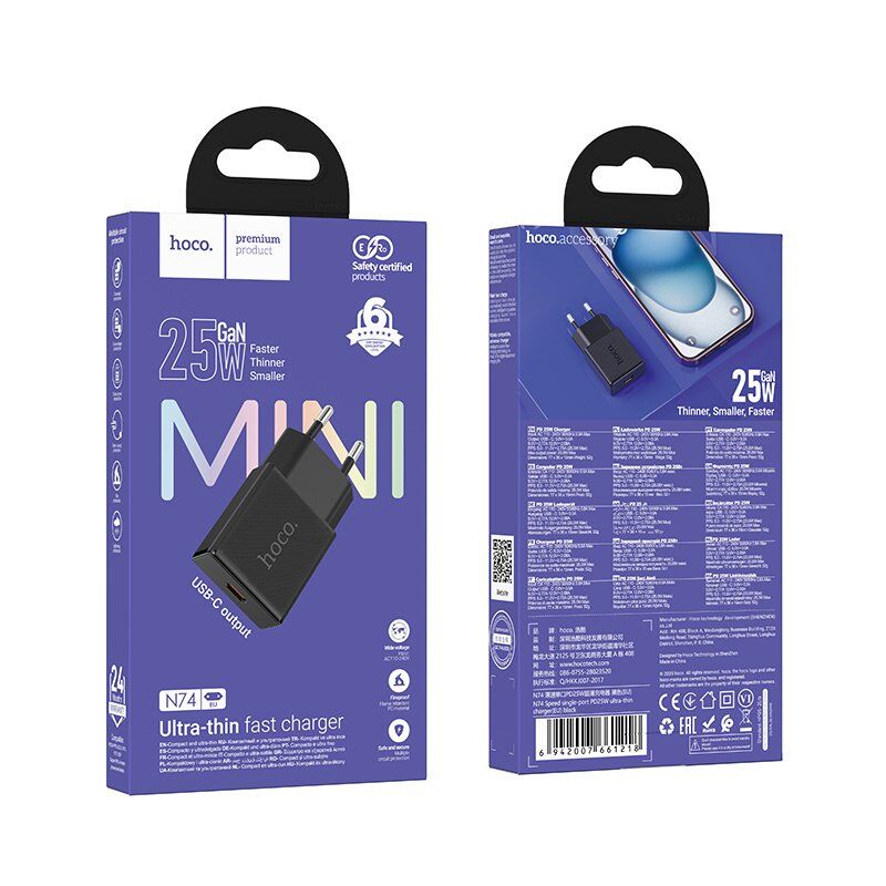 Зарядное устройство HOCO N74 25 Вт PD, один USB-C порт, чёрный Зарядное устройство HOCO N74 25 Вт PD, один USB-C порт, чёрный