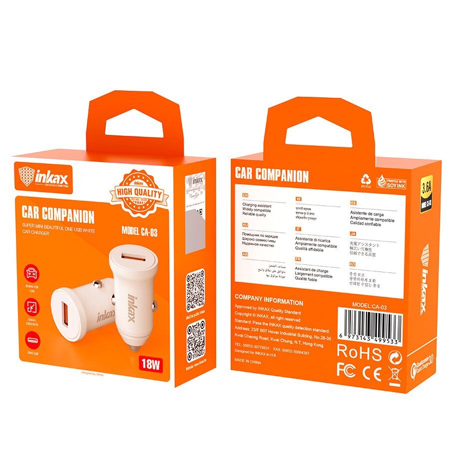 Автомобільний зарядний пристрій INKAX CA-03 1 USB | 18W | 3.6A QC3.0 + кабель Micro-USB