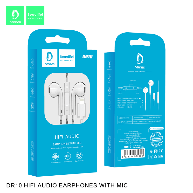 Дротові навушники DENMEN DR10 LIGHTNING, білий