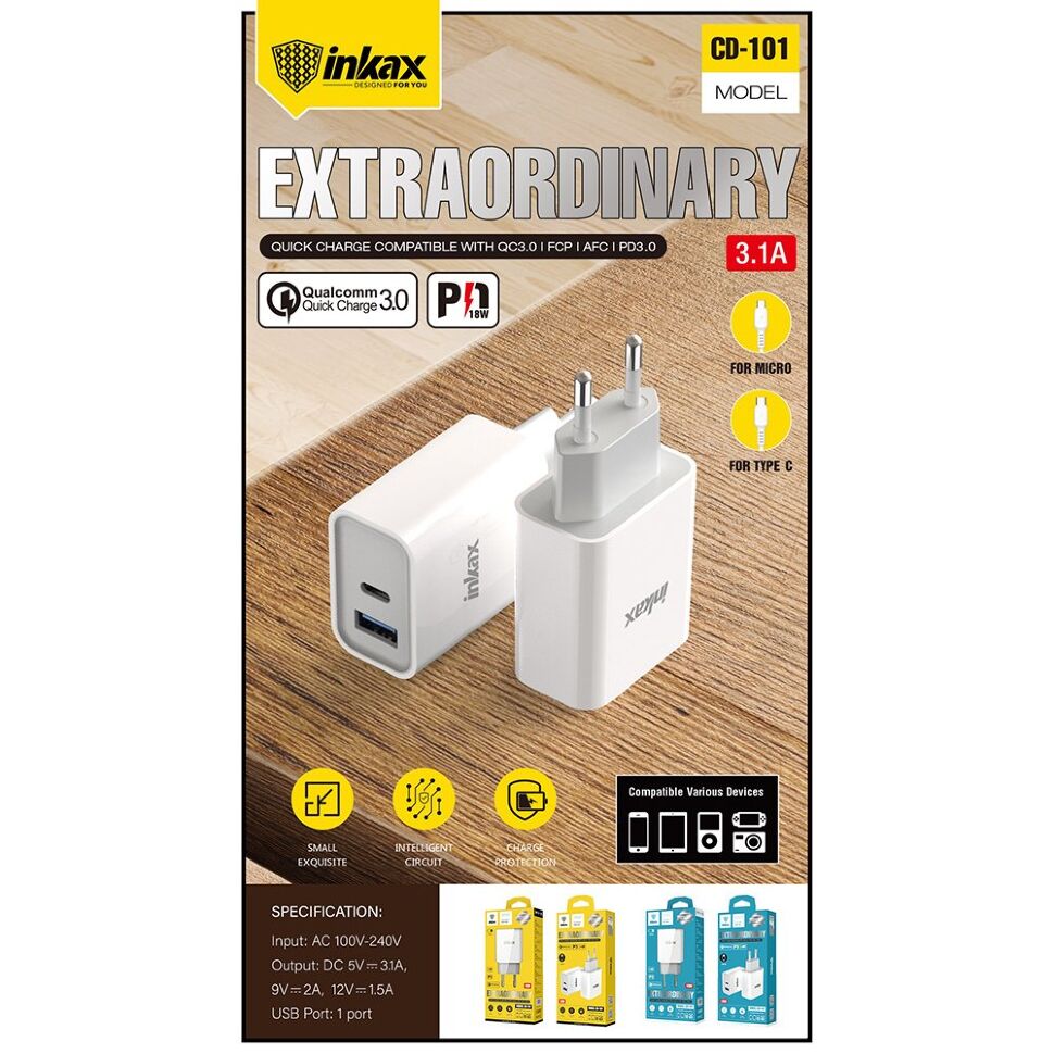 Мережевий зарядний пристрій INKAX CD-101 QC3.0 | 3.4A | 1 USB | 1 USB C + кабель USB Type-C для Android Мережевий зарядний пристрій INKAX CD-101 QC3.0 | 3.4A | 1 USB | 1 USB C + кабель USB Type-C для Android