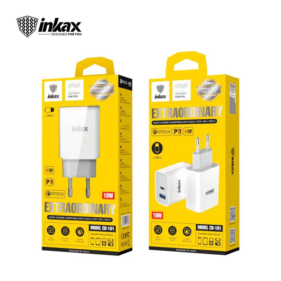 Мережевий зарядний пристрій INKAX CD-101 QC3.0 | 3.4A | 1 USB | 1 USB C + кабель USB Type-C для Android Мережевий зарядний пристрій INKAX CD-101 QC3.0 | 3.4A | 1 USB | 1 USB C + кабель USB Type-C для Android
