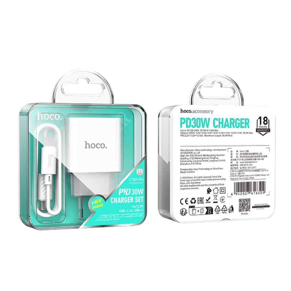 Мережевий зарядний пристрій HOCO C76A PRO TYPE-C PD 30W + КАБЕЛЬ TYPE-C - TYPE-C