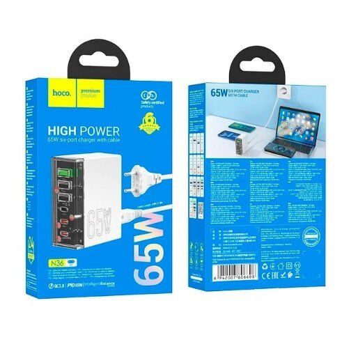 Мережевий зарядний пристрій HOCO N36 PD 65W 3 TYPE-C + 3 USB QC 3.0, БІЛИЙ Мережевий зарядний пристрій HOCO N36 PD 65W 3 TYPE-C + 3 USB QC 3.0, БІЛИЙ