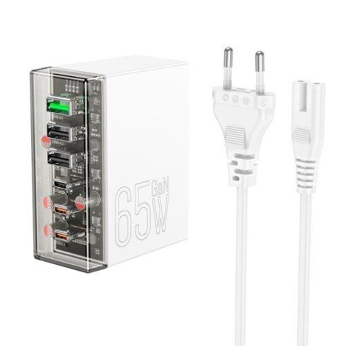 Мережевий зарядний пристрій HOCO N36 PD 65W 3 TYPE-C + 3 USB QC 3.0, БІЛИЙ Мережевий зарядний пристрій HOCO N36 PD 65W 3 TYPE-C + 3 USB QC 3.0, БІЛИЙ