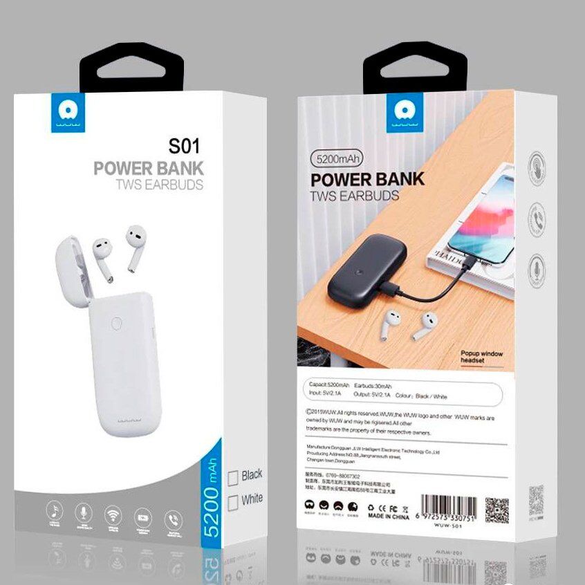 Power Bank WUW S01 5200 mAh + TWS НАВУШНИКИ БІЛИЙ Power Bank WUW S01 5200 mAh + TWS НАВУШНИКИ БІЛИЙ