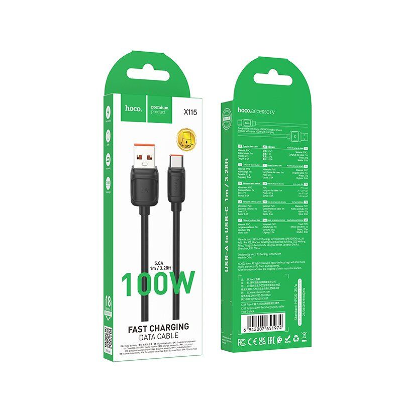 USB кабель HOCO X115 USB - Type-C 100W, 1 метр, чорний